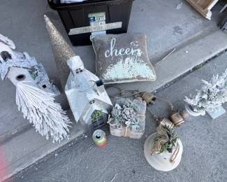 Glitter Christmas houses, trees & Cheers pillow — $8 each