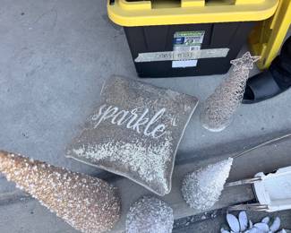 "Sparkle" sequin accent pillow + glitter cone trees + ornaments. $25