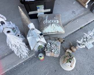 Holiday lot — "Cheers" sequin pillow, white bottle-brush trees, ornaments. $75