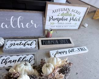 Farmhouse fall décor bundle — autumn wood signs, pumpkins, Thanksgiving accents. $75
