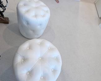 Pair of white tufted round ottomans (faux leather). $120