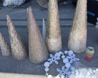 Designer "Winter Wonderland" holiday bundle — 4 large glitter cone trees, 10+ tabletop trees, frosted pine stems, "Believe" sign and more (photos 41, 42, 44, 46, 47). $75 for the whole bundle