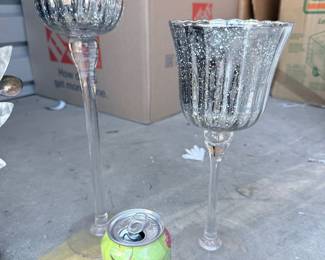 Pair of tall mercury-glass hurricane candle holders. $30