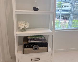 White bookshelf with storage drawer. $120