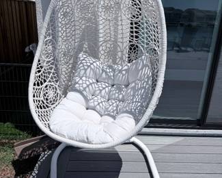 White macramé hanging egg chair with stand + cushion. $150