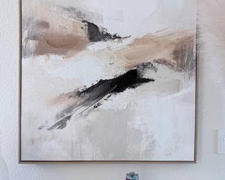 Large framed abstract canvas in cream, beige, gray and black with slim gold-tone frame. $15