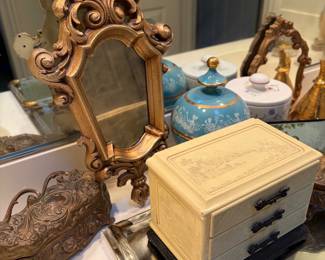 vintage mirrors, carved jewelry box, glass/mirrored vanity trays