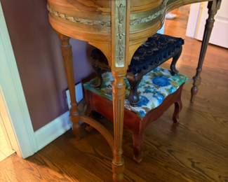 vintage kidney shaped vanity table + vintage footstools
