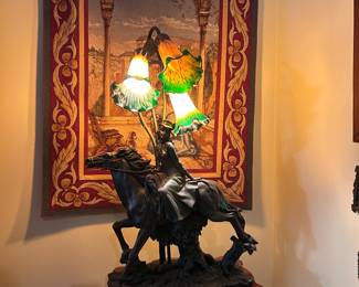 vintage triple tulip lamp on cast metal equestrian base