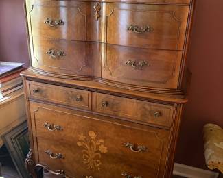 antique carved wood & marquetry tall dresser - part of 3 pc set