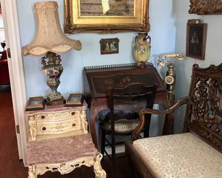 vintage pink marble top end table + petite antique writing desk