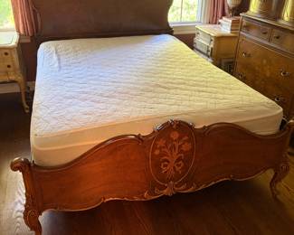 antique carved wood bed with marquetry detail - full size