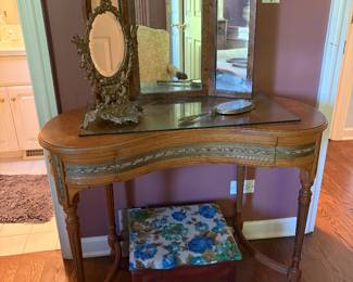 vintage kidney shaped vanity table + a separate 3 way burled wood mirror