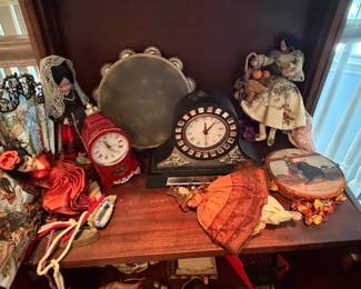 vintage clocks, dolls, flamenco items