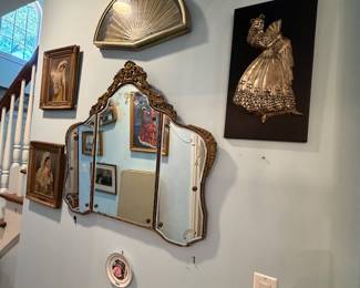 several framed antique & vintage fans - triple mirror