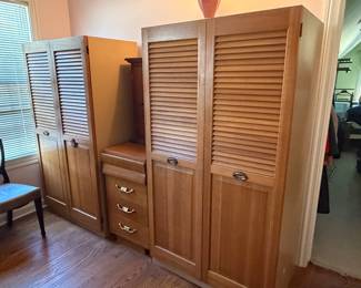 vintage metal wardrobes with louvered doors and interior mirrors + a Johnson Carper vintage chest of drawers
