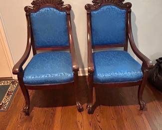 pair vintage carved wood armchairs