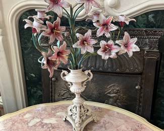 antique tole painted lily candelabra in urn
