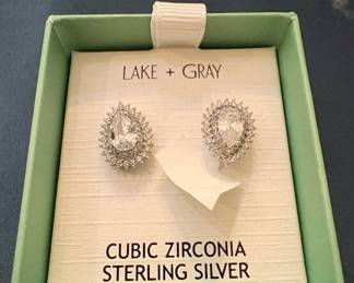 Lake + Gray Sterling Silver Pear Halo Cubic Zirconia Stud Earrings
