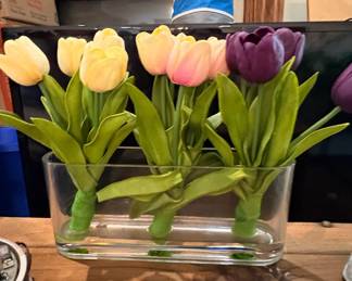 Artificial Tulip Arrangement in Rectangular Glass Vase