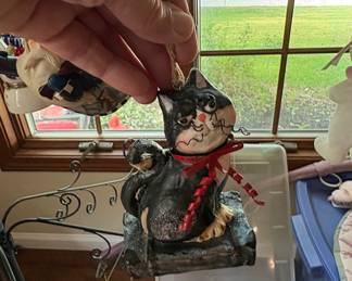 Vintage Ceramic Black Cat Christmas Ornament with Red Ribbon