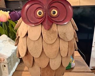 Rustic Metal and Wood Slice Owl Figurine