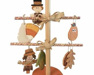 Wooden Fall Tiered Ornament Display Tree with Scarecrow, Pumpkin, and Candy Corn Ornaments