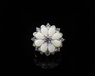 Floral Cluster Ring with White Stones and Purple Accents