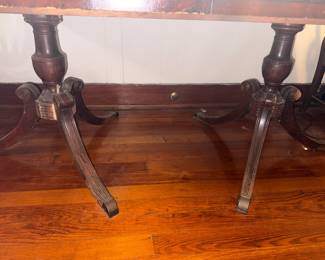 Drexel New Travis Court large wood dining table with carved double-pedestal base 