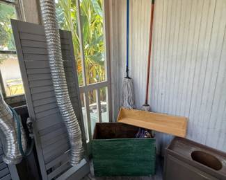 Wooden shutters (set of 2), wooden crate, wooden wall shelf