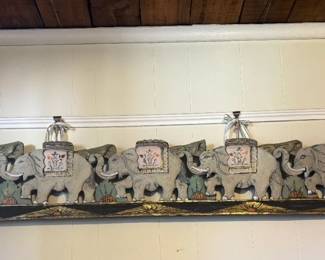Hand-carved and hand-painted elephant procession wall panel, approximately 6 ft long