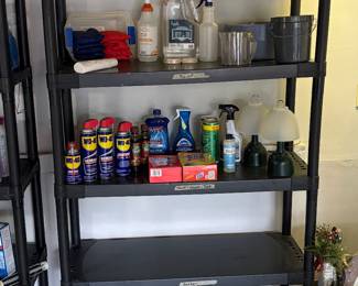 Thompson Water seal, WD-40, cornhole beanbags and oil, lamp, oil, and wicker.