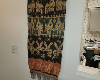 Asian batik and carved hanger