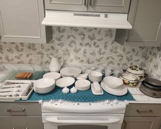 8 placesettings, silverware counter savers and baking dishes