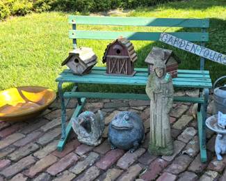 Garden décor and bird bath.