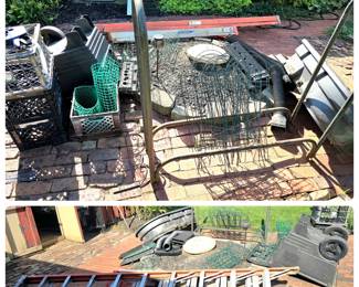 6 foot and 10 foot ladders. Rubber maid pond, log rack, and more