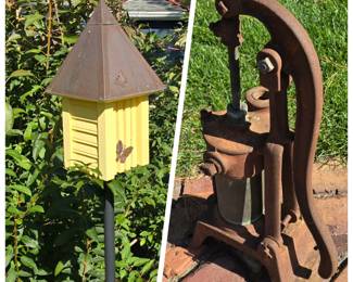 Butterfly house, vintage hand pump.