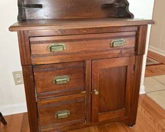 Gorgeous refinished wash stand featuring little upper shelves 30"w x 16"d x 38"h $175