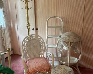 Wicker chair, shelf stool, planter