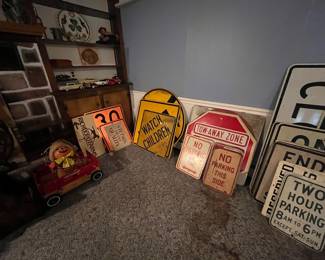signs, red wagon, cars