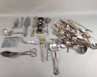 Lot 614  Group of silver plate flatware, napkin rings, etc