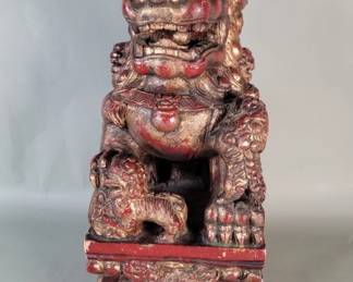 Lot 529  Vintage Chinese carved wood foo dog sculpture