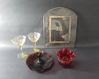 Lot 392  Group of vintage glass stemware, bowl, frame, a