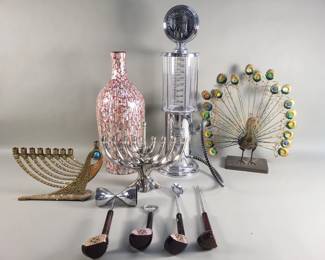 Lot 606  Bar accessories, metal peacock sculpture, etc