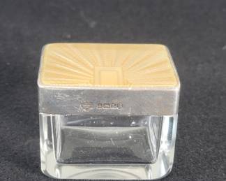 096  Lot 407  Vintage silver enamel and glass lidded jar