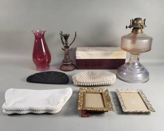 Lot 441  Box of misc oil lamp, purses, candle holder, etc