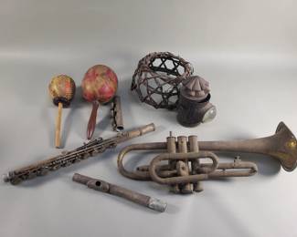 Lot 330  Gourd shakers, The Reynolds flute, brass