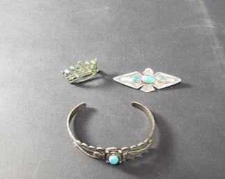 166  Lot 95  Vintage silver and turquoise Eagle brooch, cuff