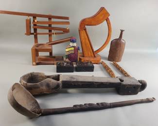 Lot 356  Group of wood, harp decoration, bud vase, ladle,