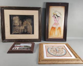 198  Lot 557  Painting on leather, abstract lithograph, etc